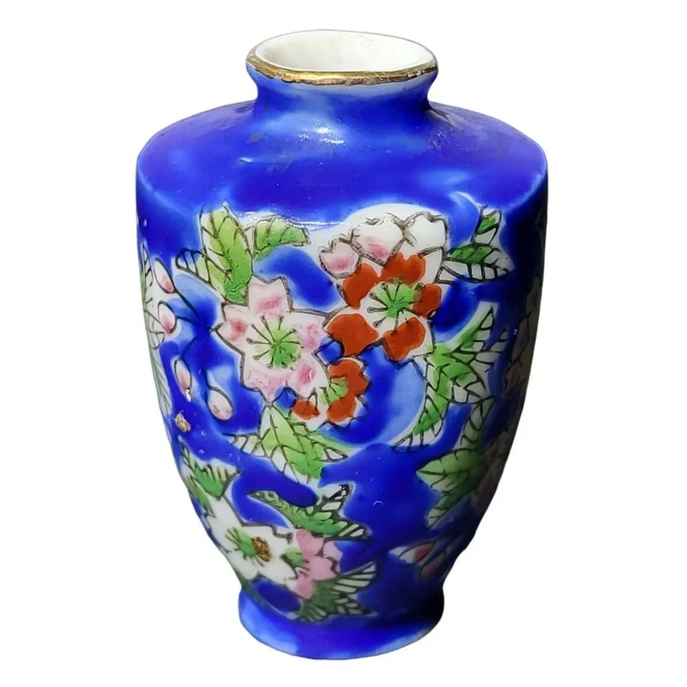 Vintage Japanese‎ Hand Painted Blue Mini Vase Miniature Dollhouse Decor